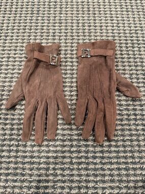 Fendi Brown Suede Leather Gloves with Silver F Logo Buckles
